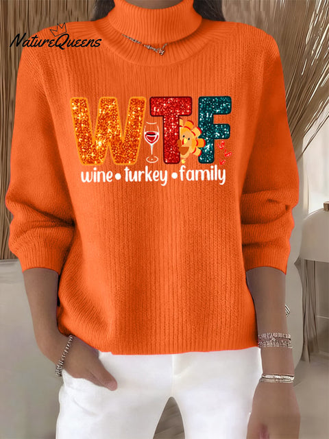 Women's Retro Wine Turkey Family Print Turtleneck Knit Top