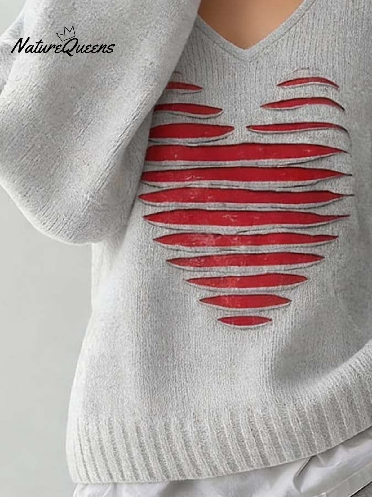 Women'S Casual Loose-Fitting V-Neck Heart-Patterned Sweater