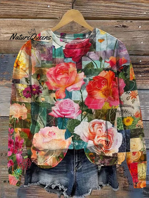 Women's Artistic Rose Floral Pattern Crew Neck Sweatshirt