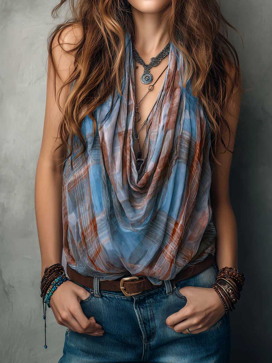 Women's Cowl-neck Sleeveless Loose-fit Casual Plaid Print Top