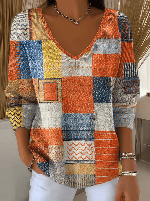 Women's Autumn Plaid Print Long Sleeve Top