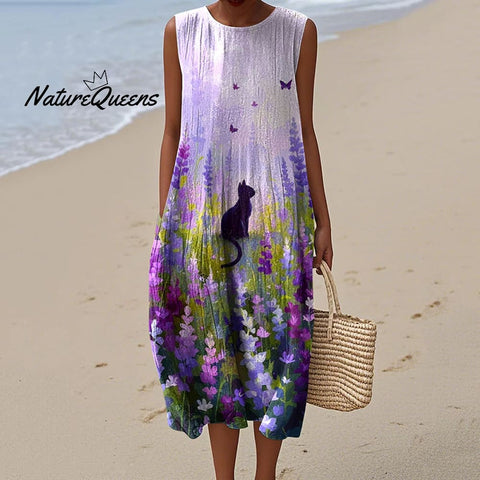 Women's Retro Purple Flowers Cat Art Linen Tank Dress