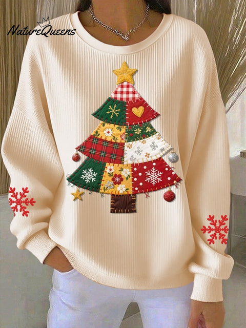 Women's Casual Pink Patchwork Christmas Tree Print Textured Sweatshirt