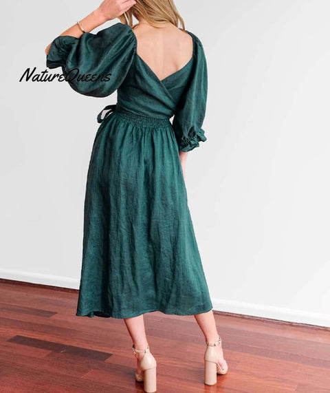 French Ruffled Lantern Sleeves Multi-wear Dress Green