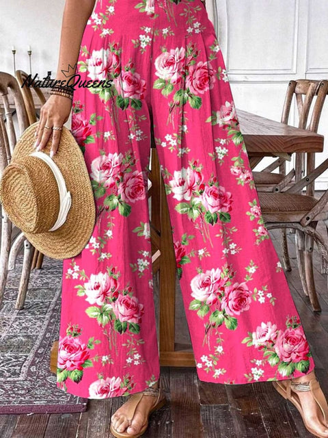 Women's Rose Floral Pattern Cotton and Linen Pants