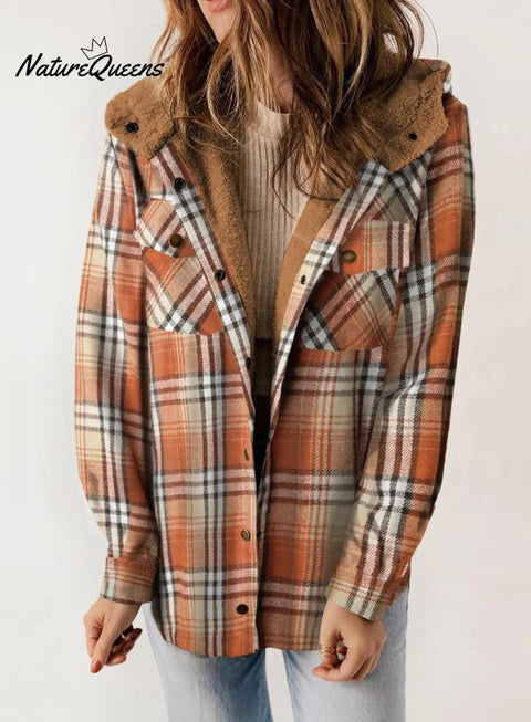 Women's Casual Fashion Fur Plaid Hooded Jacket