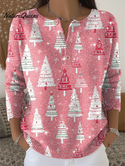 Christmas Pink Tree Pattern Print Henley Neck Sparkling Sequin Sweater
