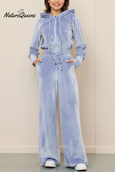 Solid Color Velvet Hooded Zip-up Sweatshirt and Elastic Waist Casual Pocket Straight-leg Pants Set