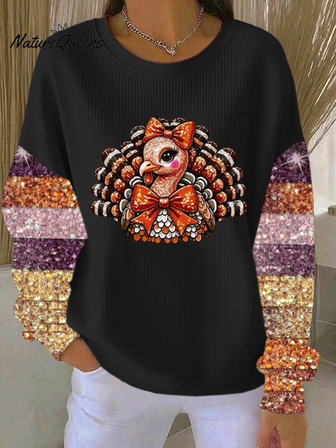Women's Thankful Print Knitted Crew Neck Long Sleeve Top