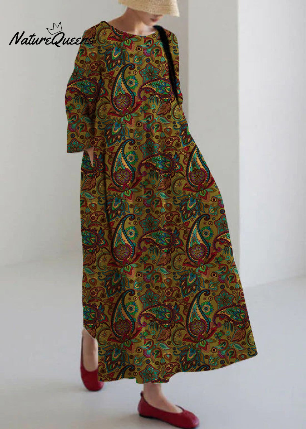 Apricot Cotton Dresses Pockets Patchwork Spring Green - Cashew Pattern / S(Fit For Eu 38 - 40 Us 6