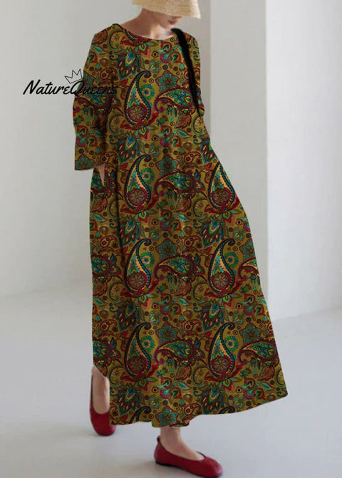 Apricot Cotton Dresses Pockets Patchwork Spring Green - Cashew Pattern / S(Fit For Eu 38 - 40 Us 6