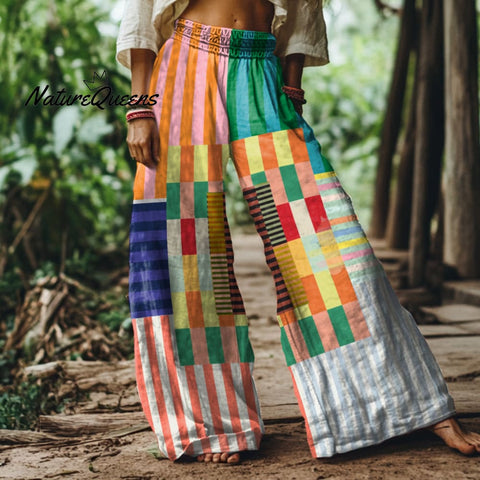 Retro Abstract Geometric Print Loose Wide Leg Pants