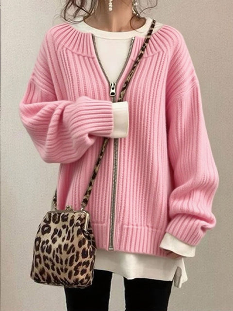 Women'S Casual Round Neck Solid Color Sweater Jacket
