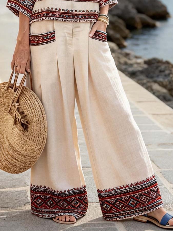 Women'S Casual V-Neck Printed Wide-Leg Pants Set