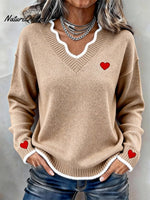 Women'S Casual V-Neck Long-Sleeved Top With A Heart Design.