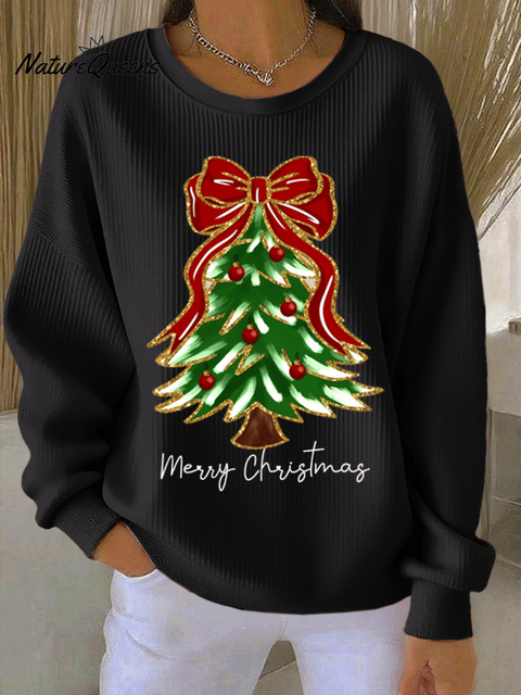 Women's Christmas Tree Print Knitted Crew Neck Long Sleeve Top