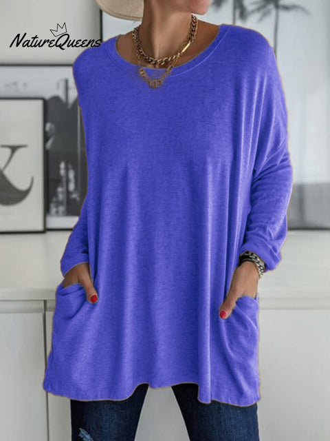 Solid Pocket Round Neck Long Sleeve T Shirt