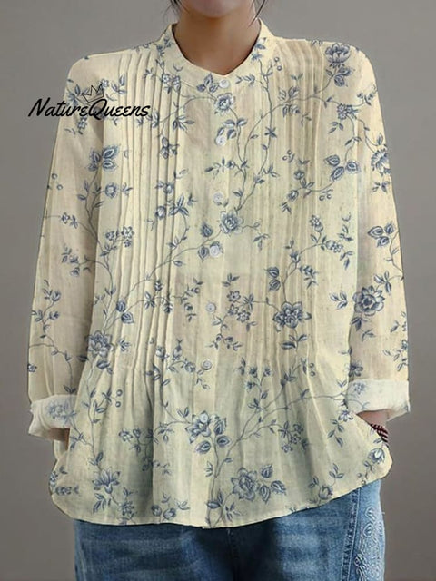 Women's Casual Loose Floral Cotton And Linen Shirt