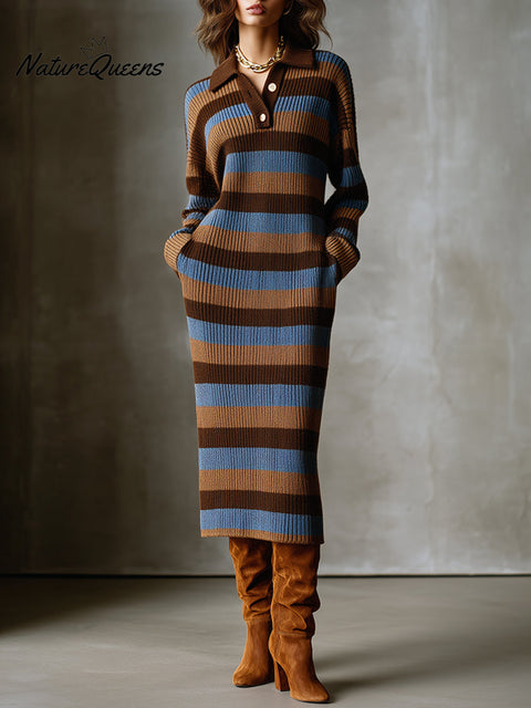 Artisan Horizon Earthy Stripes Ribbed Knit Midi Dress