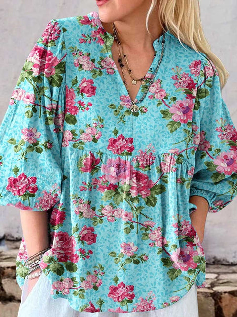 Women's Elegant Simple Rose Floral Pattern Linen Top