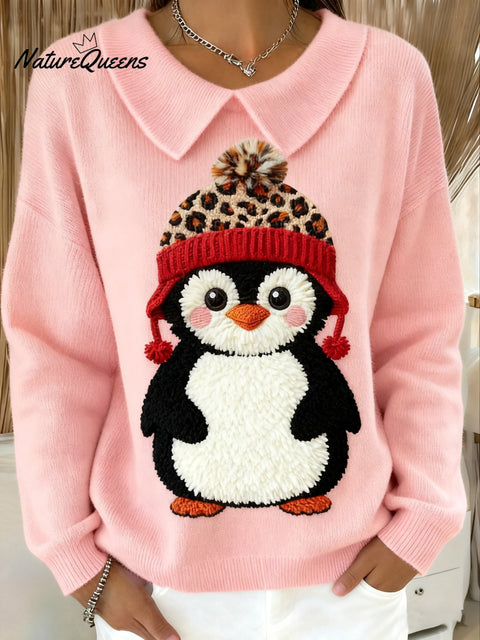 Women's Winter Cute Penguin Print Lapel Top