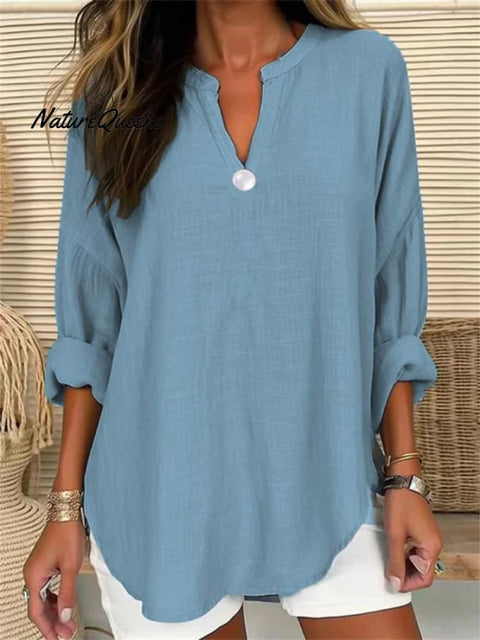 Women’s Retro Casual V - Neck Solid Color One - Button Top Light Blue / S