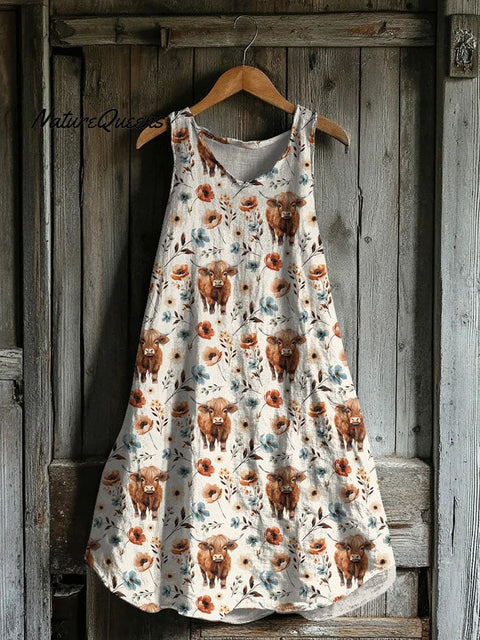 Highland Cow Print Linen Tank Dress