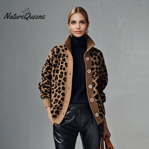Women's Leopard Print Stand Collar Single Breasted Long Sleeve Knit Sweater Jacket