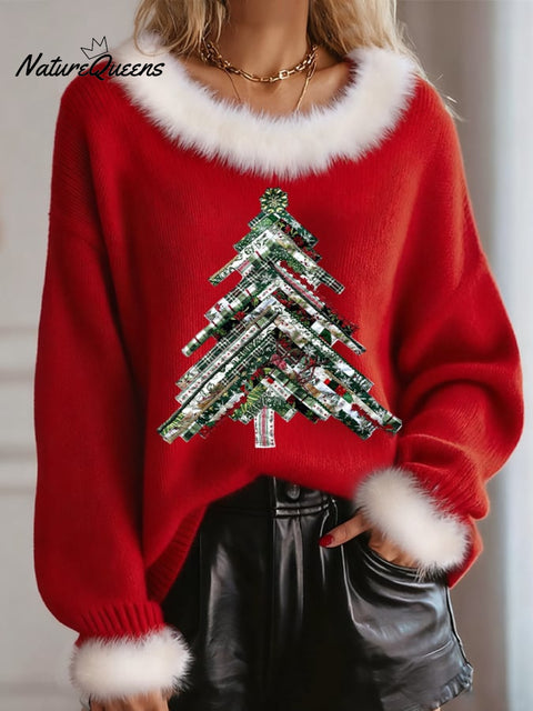 Women's Christmas Tree  Print Fur Collar Knit Top
