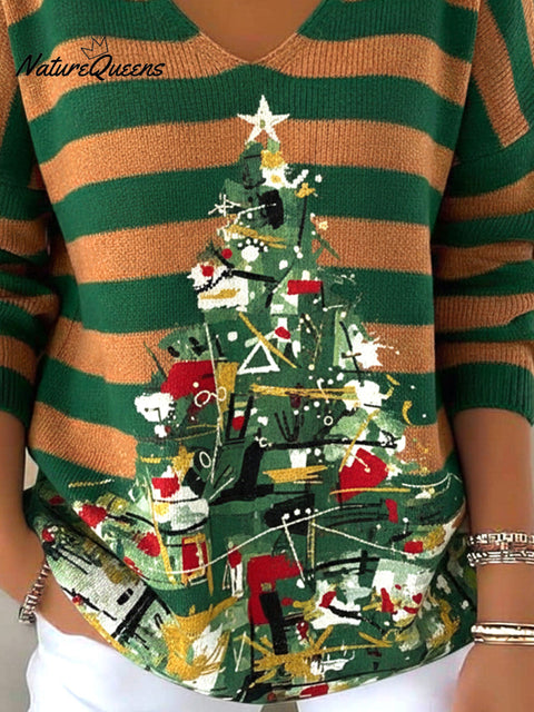 Women's Striped Art Christmas Tree Print Sweater Top