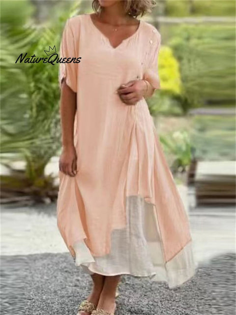 Women’s Country Style V Neck Short Sleeve Irregular Hem Dress Apricot Pink / S