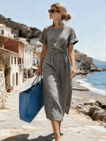 Women's Round Neck Pleated Short-Sleeved Dress