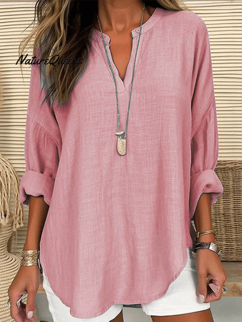 Women’s Cotton Long Sleeve Round Neck Solid Color Loose Beach Shirt Pink / S