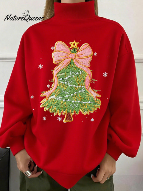 Women's Winter Christmas Tree Print Festive Turtleneck Sweatshirt