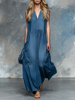 Casual And Stylish V-neck Sleeveless Frayed Edges Maxi Dress