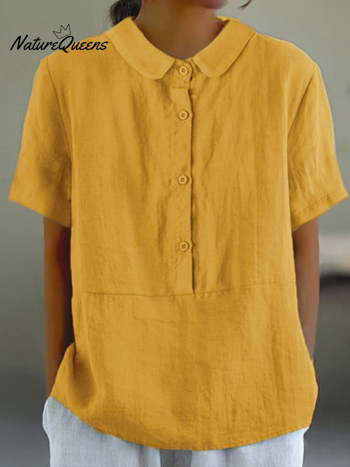 Women’s Solid Color Cotton And Linen Lapel Short Sleeved Casual Blouse Yellow / L
