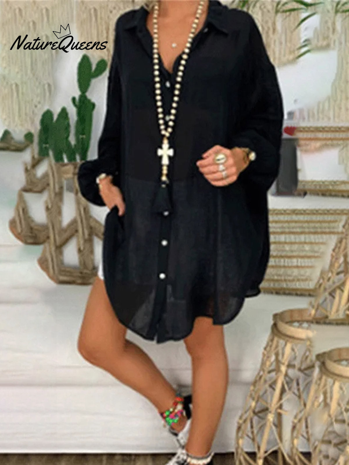 Casual Solid Color Loose Irregular Long Sleeve Shirt Black / S