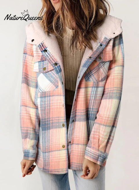 Women's Casual Fashion Fur Plaid Hooded Jacket
