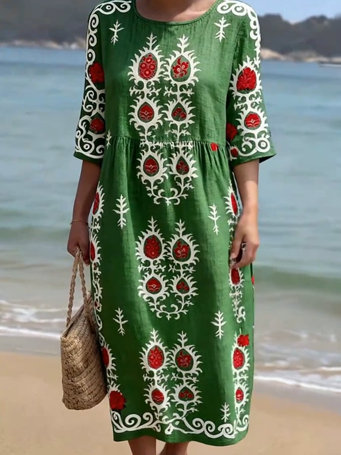 Women's CasualRound Neck Mid Sleeve Print Cotton and Linen Dress