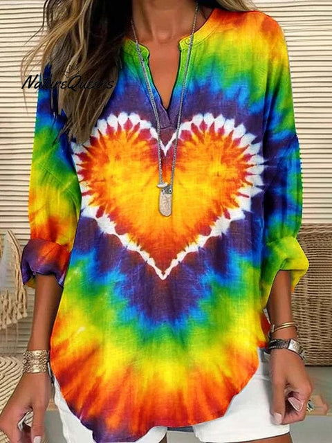 Women's Heart Pattern Tie-Dye Pattern Cotton Long Sleeve Crew Neck Shirt