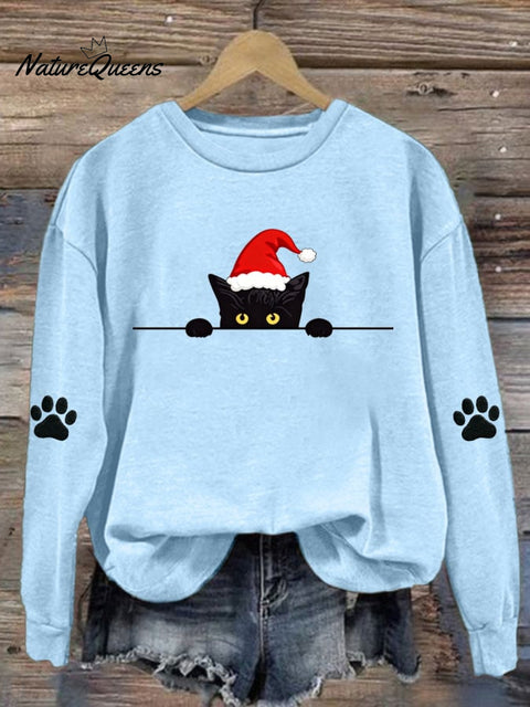 Women's Christmas Cat Printed Crew Neck Sweatshirt