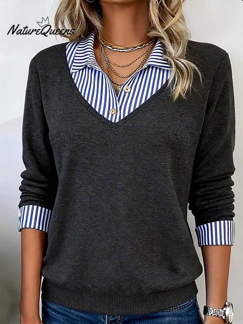 Women'S Casual Knitted Striped Contrasting Color Stitching Top