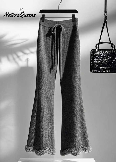 Women Grey Cozy Elastic Waist Knit Flared Trousers Fall