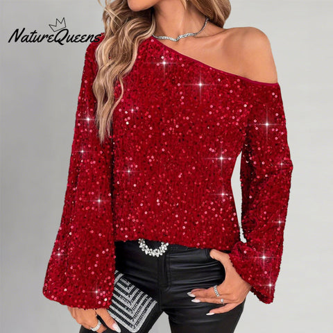 Women's Party Red Sequin One Shoulder Long Flare Sleeve Top