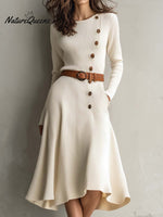 Cream Knit Midi Dress With Asymmetrical Button Detail