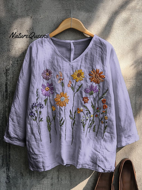 Boho Floral Embroidery Print Cotton And Linen Blend Loose Blouse