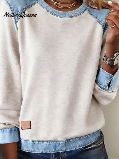 Women'S Casual Round Neck Denim Stitching Pullover Sweatshirt