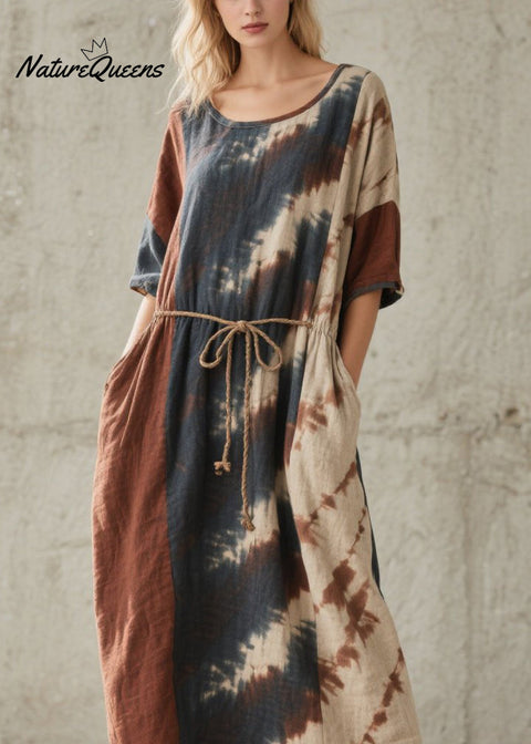 Chic O Neck Tie Dye Lace Up Pockets Cotton Dresses Summer