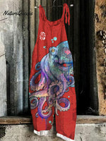 Japanese Art Red Octopus Linen Blend Loose Casual Jumpsuit