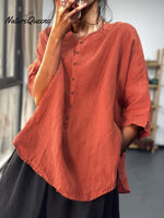 Women’s Loose Casual Cotton Linen Shirt With Irregular Hem And Seven Point Sleeves Red / L
